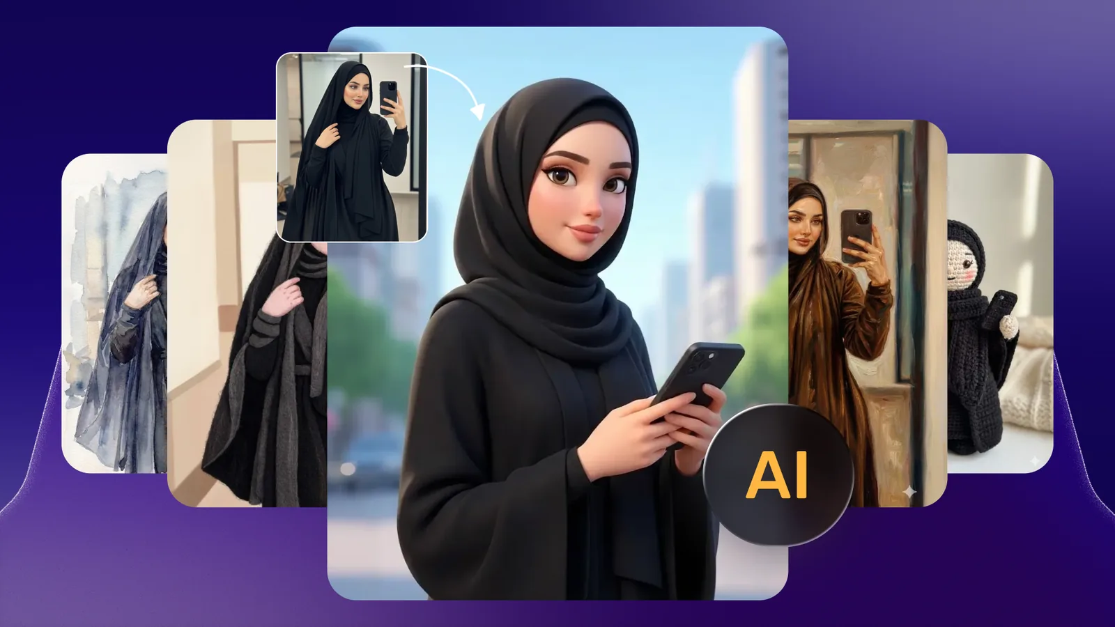 صورة واحدة بعدة أنماط ذكاء اصطناعي في أندلسي — كرتون ثلاثي الأبعاد وألوان مائية ورسم زيتي وكروشيه