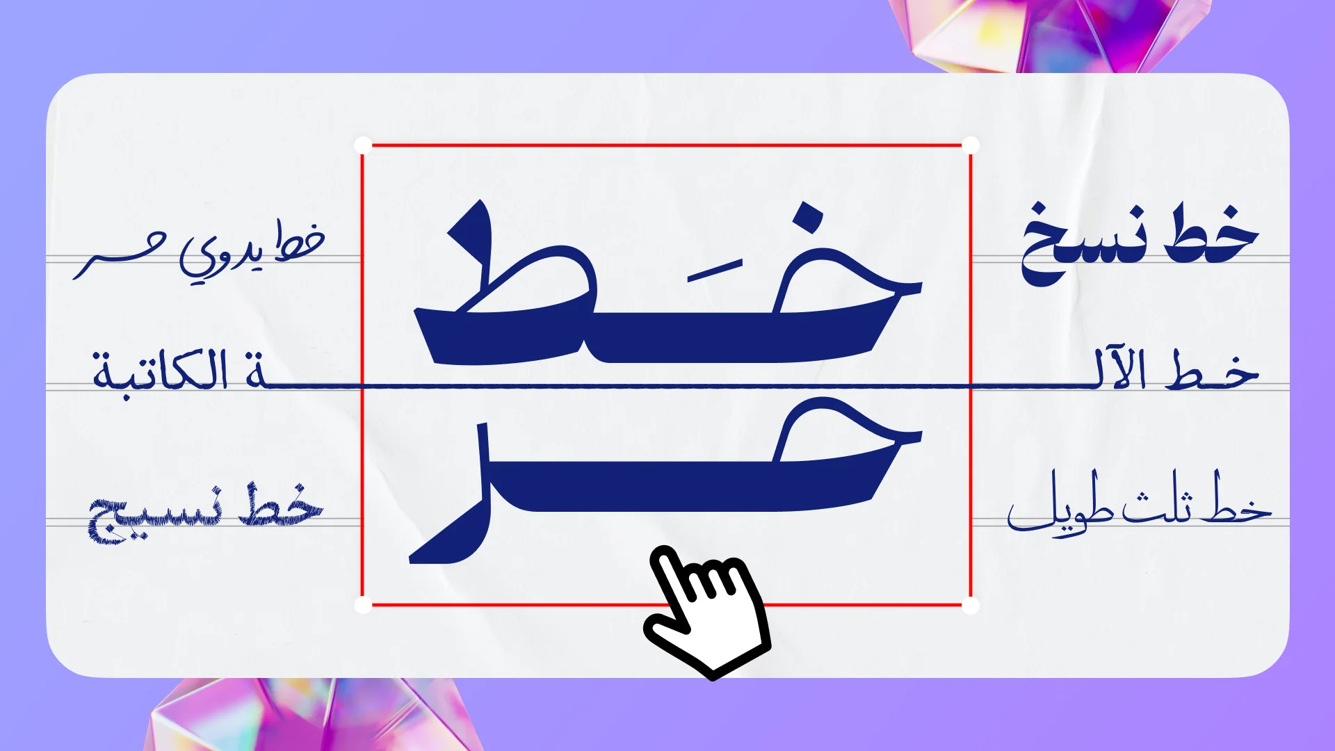 كلمة «خط حر» بعدة خطوط عربية — نسخ، ثلث، يدوي، آلة كاتبة — في أندلسي